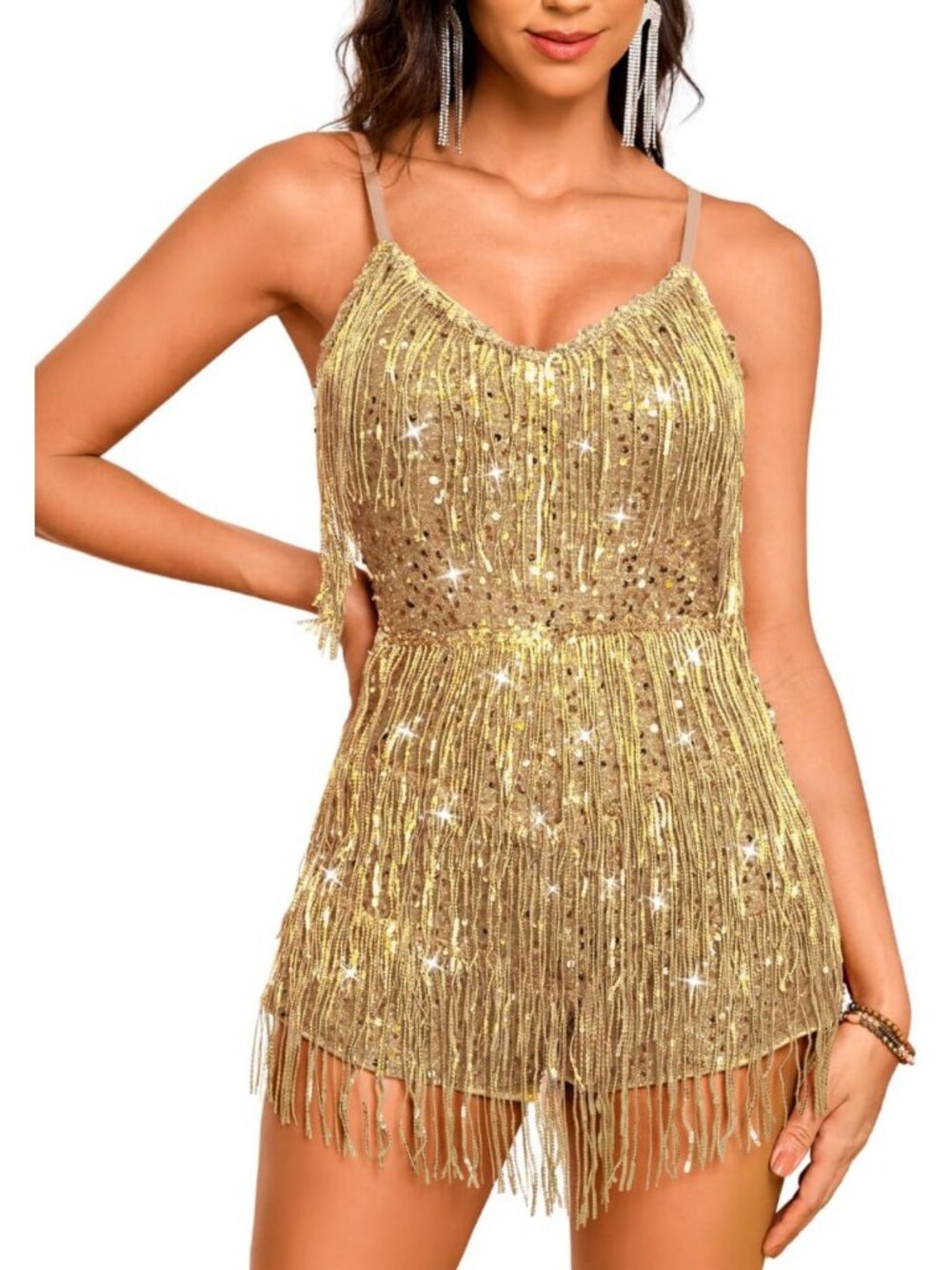 Sparkly Fringe Backless Romper | Sexy Sequin Disco Outfit for Women